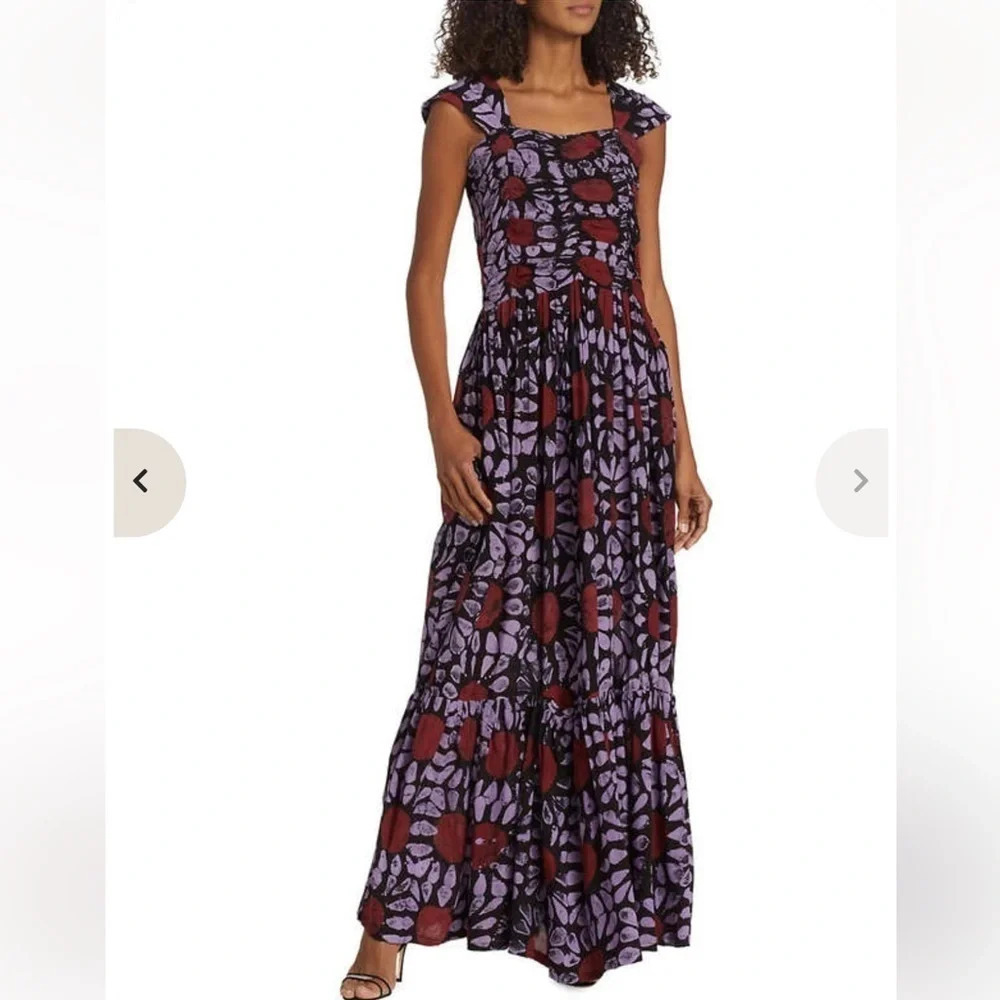 Busayo Olumide Square Neck Tiered Maxi Dress Lilac Red XS Summer Boho Colorful